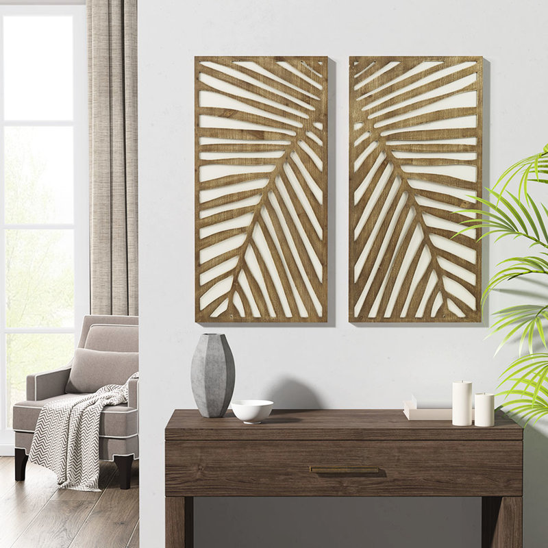 Two-Tone Wood Panel Wall Decor With Leaf Decorative Feature Decor, Of 2 Panels