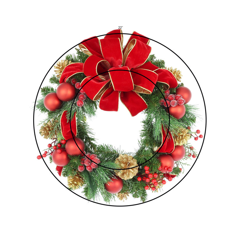 22" Holiday Wreath With Berries, Holly And A Bow