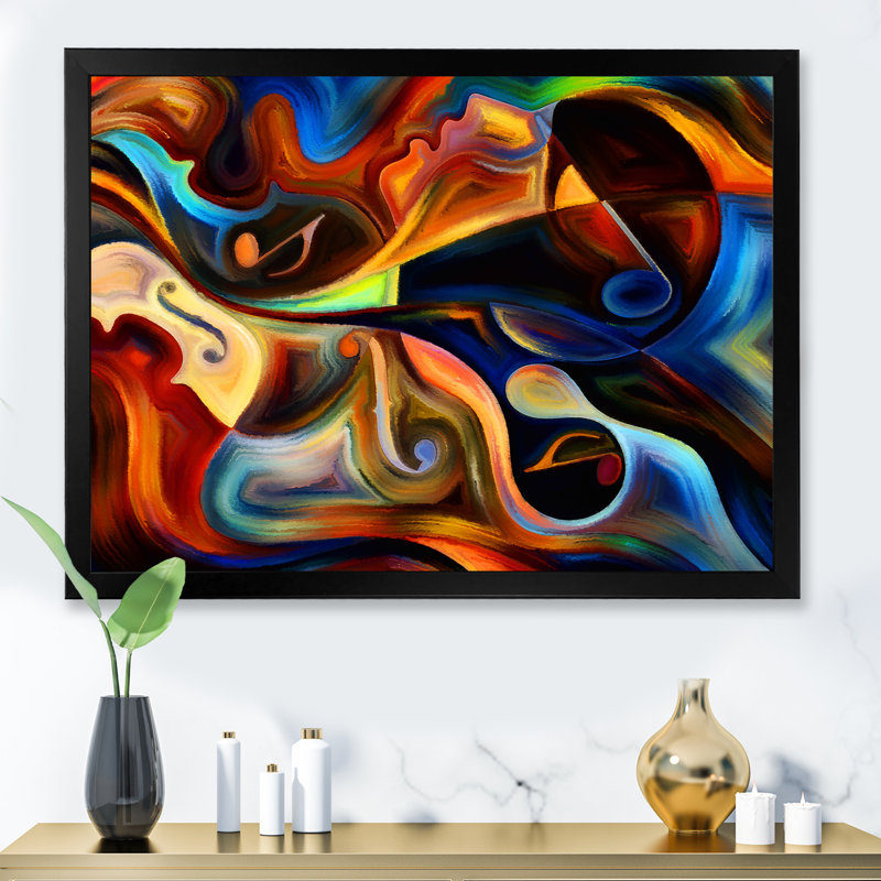 «Blue Orange and Yellow Dynamics on Black», reproduction sur toile, H 34 po x l 44 po, Black Picture Frame