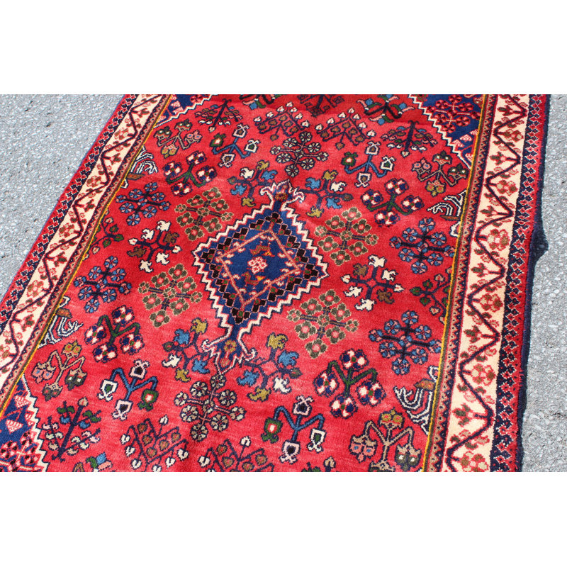 Tapis décoratif en laine rouge noué à la main des années 1990 de conception unique 3 pi 5 po x 5 pi 3 po Briyana