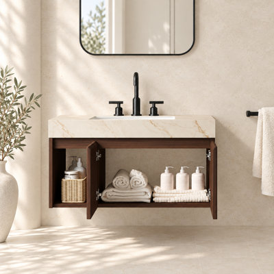 Meuble-lavabo suspendu simple EIDEN 36 po en noyer avec comptoir en pierre frittée couleur crème veinée or