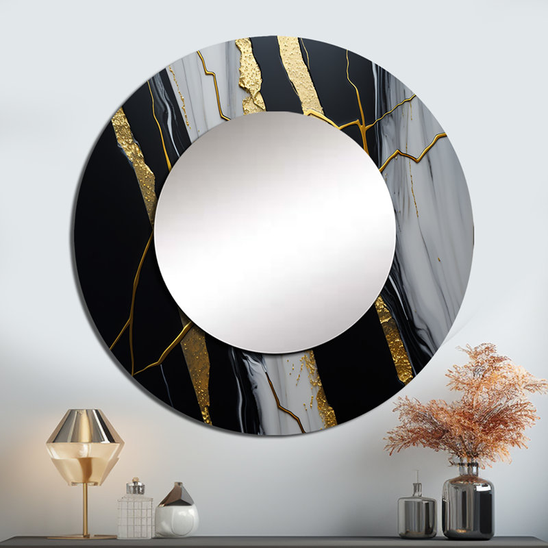 Shrivas Abstract Geode Black II - Marble Decorative Mirror, Modern Large Round Wall Mirror, Printed Metal Art, 36" x 36"