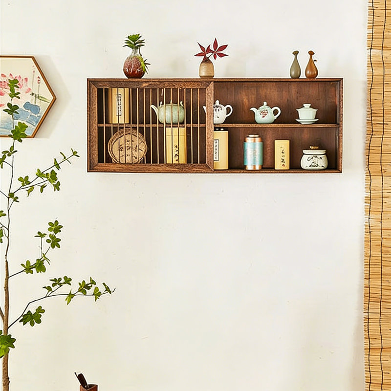 Minimalist Retro Brown Paulownia Wood Wall-Mounted Cabinet, Dual-Use Wall/Table Storage Shelf for Kitchen