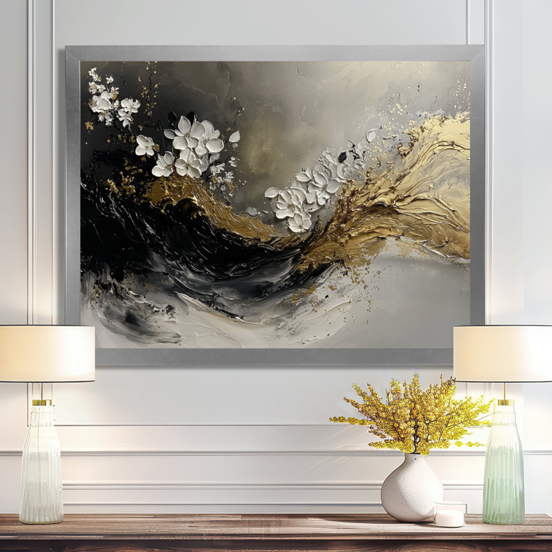 Abstrait or et fugue noire en couleur I - Art mural moderne abstrait, Argent argent, H 30 po x l 40 po, Avec cadre