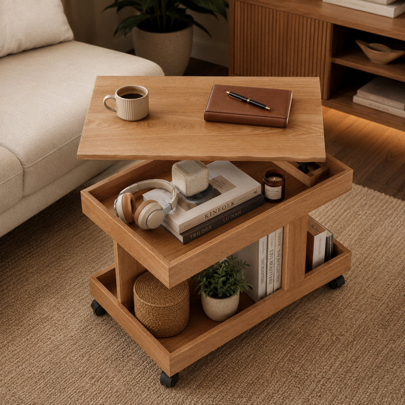 Table d'appoint roulante moderne à finition naturelle avec plateau tournant à 360 degrés et compartiment de rangement intégré avec roulettes verrouillables et faciles à assembler pour le salon, le canapé, la chambre à coucher et le chevet