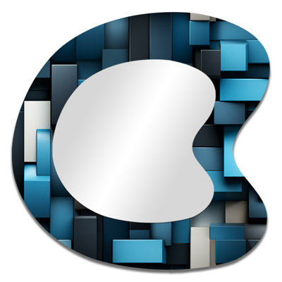 Fantarella Black And Blue Blockchain Blocks - Geometric Irregular Shape Wall Mirror, Modern Asymmetrical Decorative Mirror, Printed Metal Art