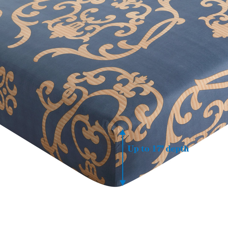 Full Navy Blue and Gold Damask Rayon Duvet Cover Set
