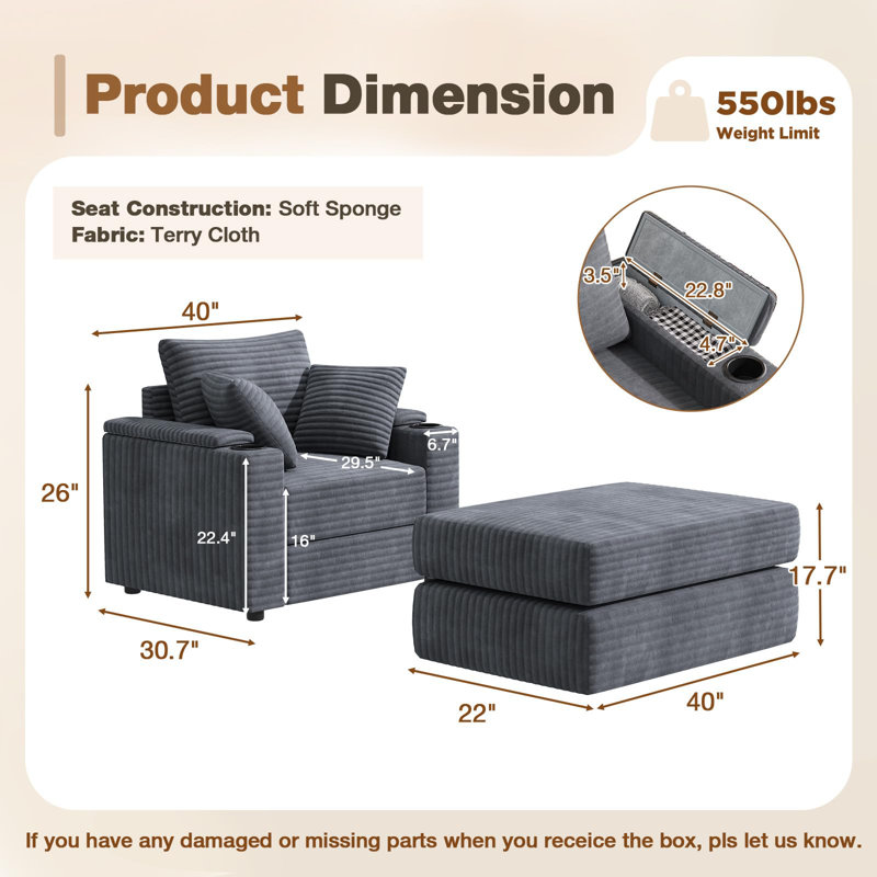 Fauteuil-lit d'intérieur surdimensionné avec repose-pieds, Lin gris