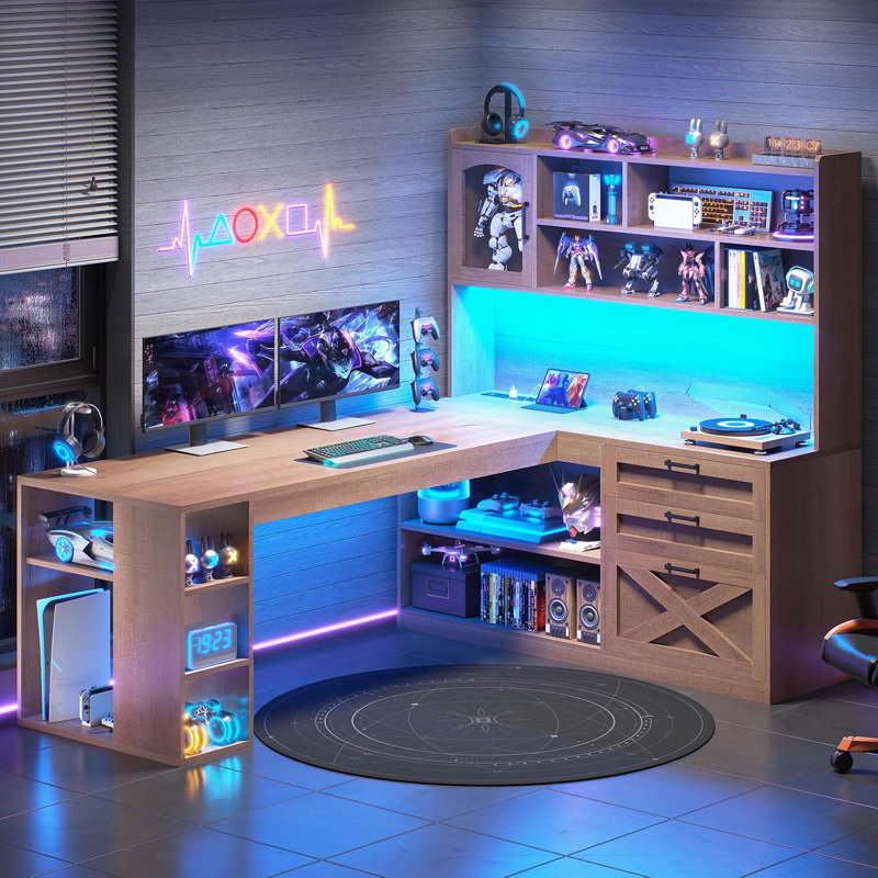 Bureau en L Farmhouse avec tiroirs, Naturel