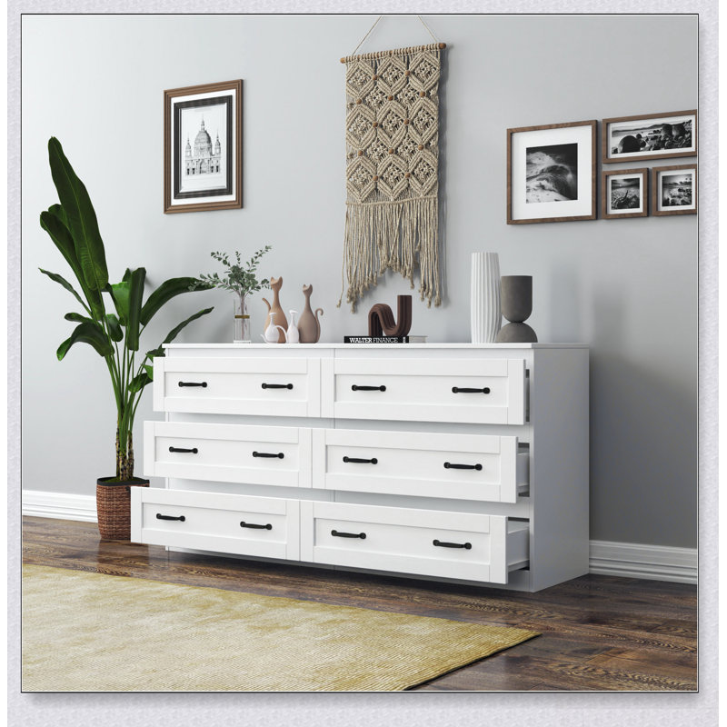 Commode d'appoint moderne blanche avec 6 tiroirs, commode avec poignées en métal pour une vie organisée