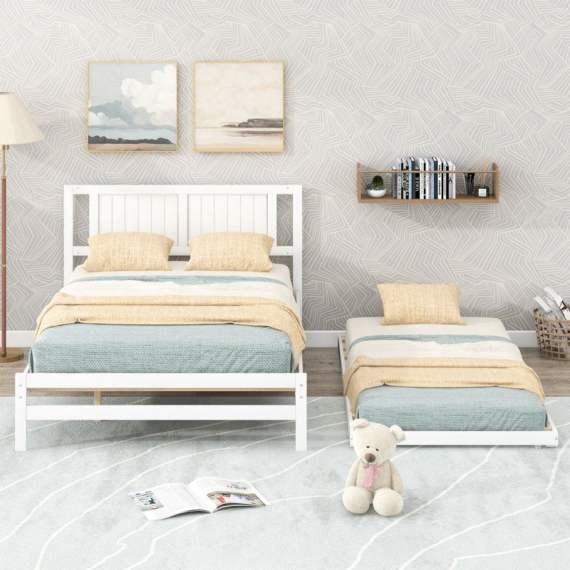 Lit plateforme ajustable de taille double gigogne en blanc - Fabriqué en bois de pin robuste et combiné pour une utilisation durable