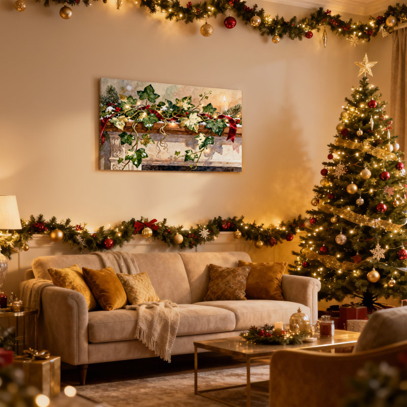 Guirlande de Noël avec lierre et lumières, ensemble de 3 impressions sur toile, H 16 po x l 24 po