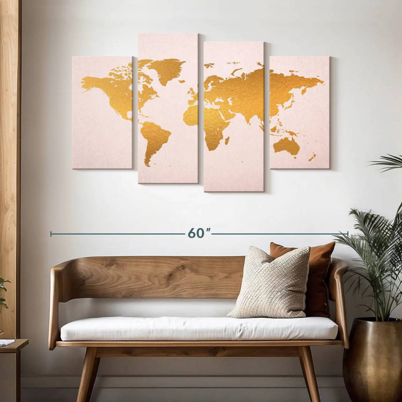 Or Aliaz sur une carte du monde rose, H 32 po x l 52 po