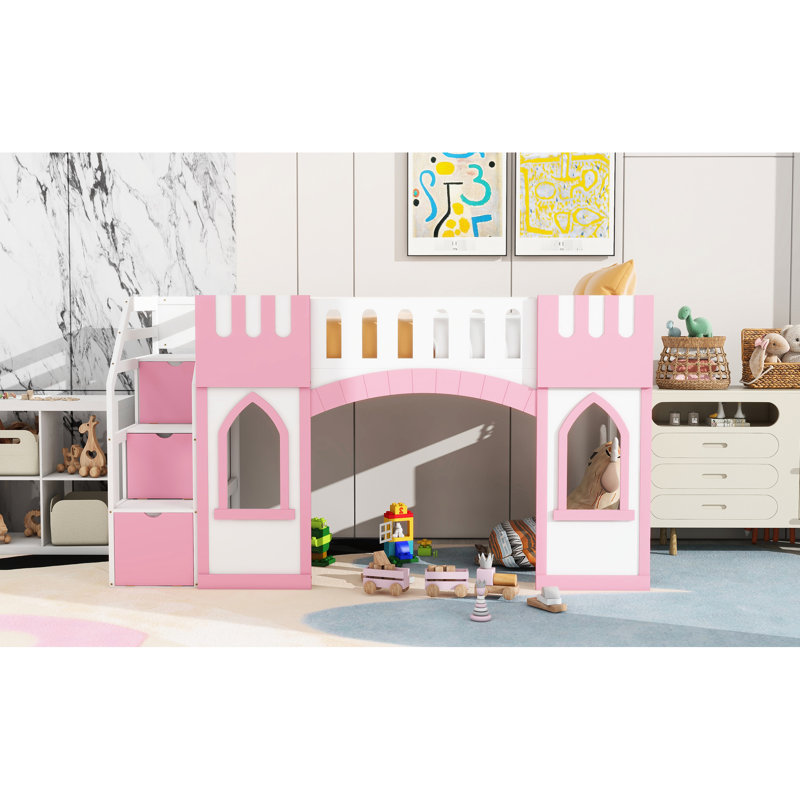 Twin Size Loft Bed In Pink With Space Storage Staircase And Sweet Decorative Window - Wood Compact Robust, Pink
