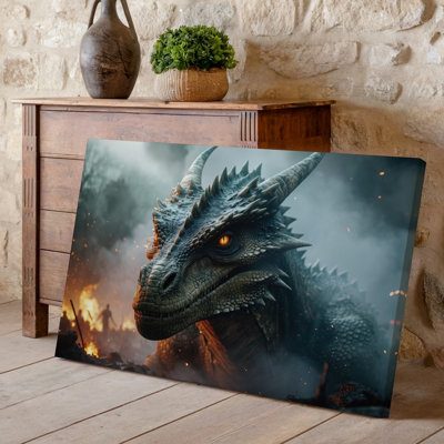 Canvas A Colossal Dragon S Head Dominates The Foreground Showcasing Intricate Wall Art Scales And Fierce Glowing Amber Eyes That Canvas Wall Art