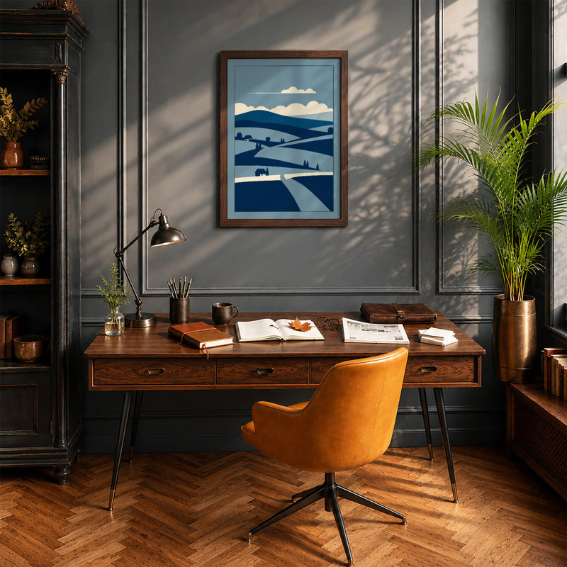 Layered Mountain Calm Minimalist - Framed Print, A3 - 42.0 x 29.7 cm, Walnut