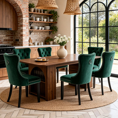 70.8“ Long Dining Table Set, Rectangular MDF Farmhouse Table with 2 Drawers & Open Storage, Modern Rustic Kitchen Table with Tufted Upholstered Chairs