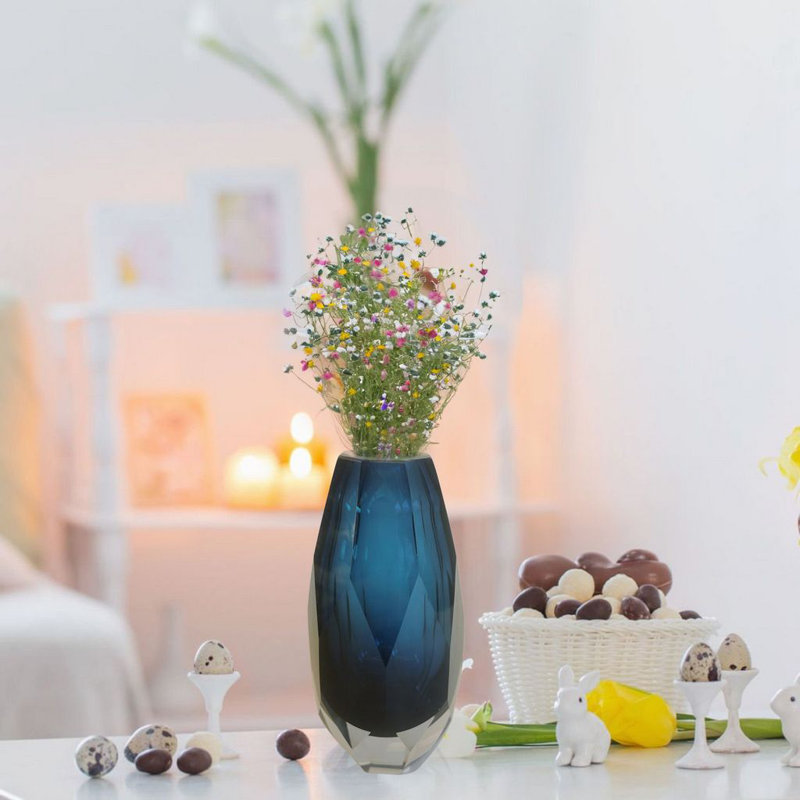Ava Art Deco Cut Glass Table Vase with Faceted Geometric Design, 9-Inch Decorative Accent Vase, Blue, Blue, 9"