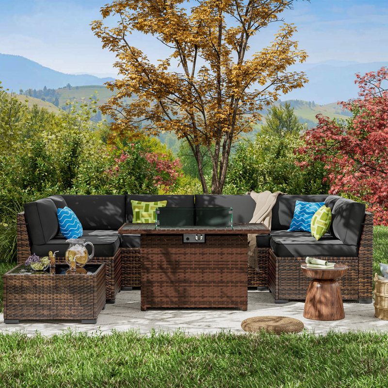 Treyshun Wicker 6-Person Sectional Conversation Sets with Cushions, Charcoal, Yes