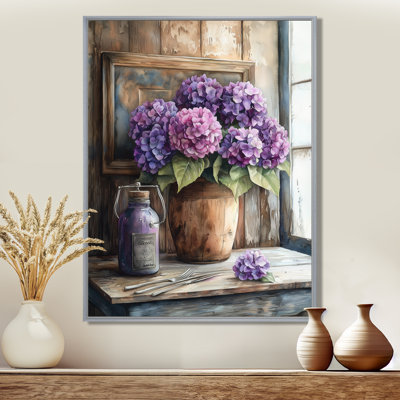 «Dontey Hydrangeas Bouquet On The Farm Table I - Hydrangea», reproduction d'art sur toile encadrée