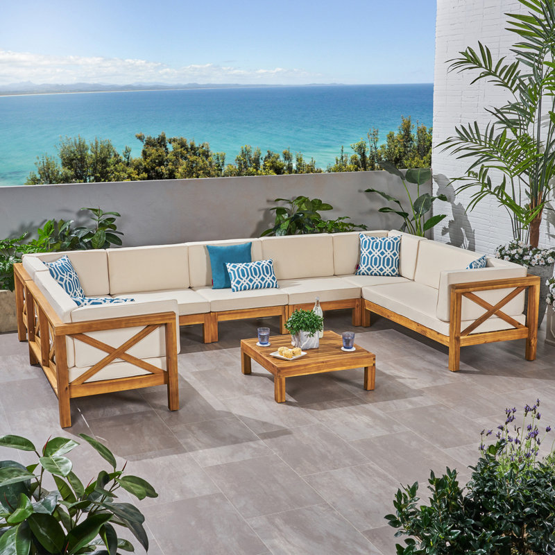 Acacia 7 - Person Modular Patio Conversation Set with Cushions, Teak Frame / Beige Cushion