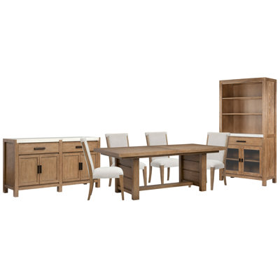 Extendable Trestle Dining Table With 4 Upholstered Side Chairs Server And Display Cabinet