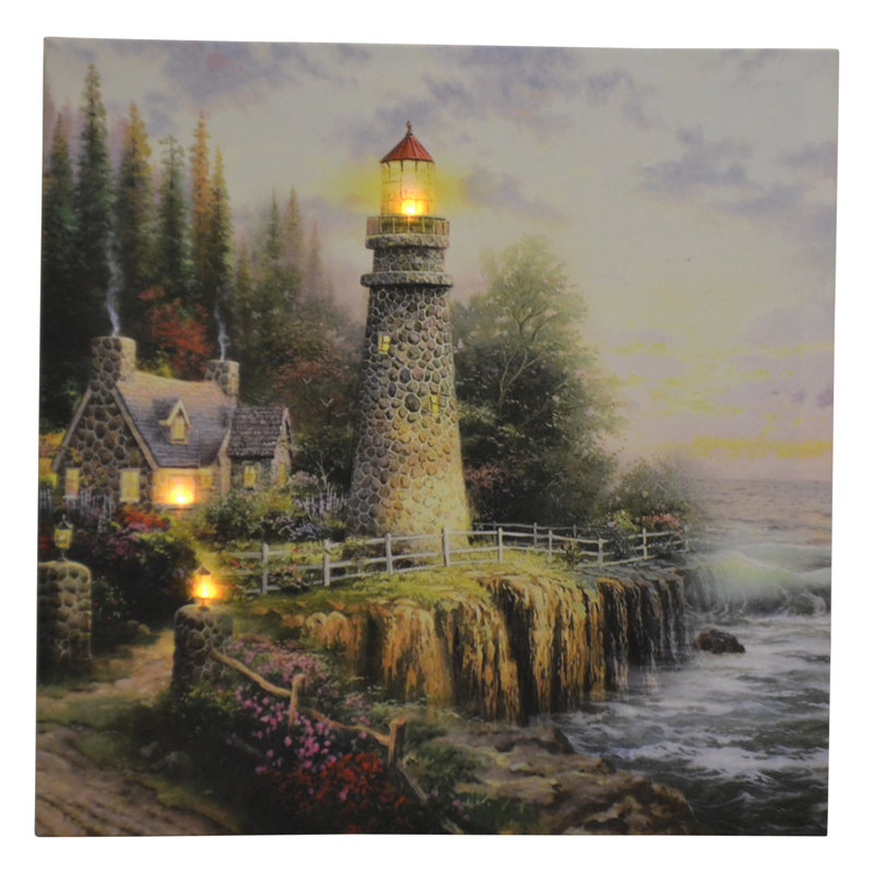 16" Square Multicolor LED Lighthouse Wrapped Canvas Painting