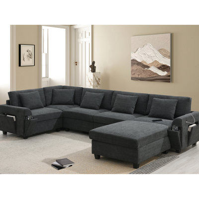 128*67" U Shaped Sectional Sofa,6 Seat Chenille Couch Set With Oversized Ottoman,hidden Armrest Storage And Cup Holders,usb Charging Ports,wide Seat Sofa For Living Room,apartment