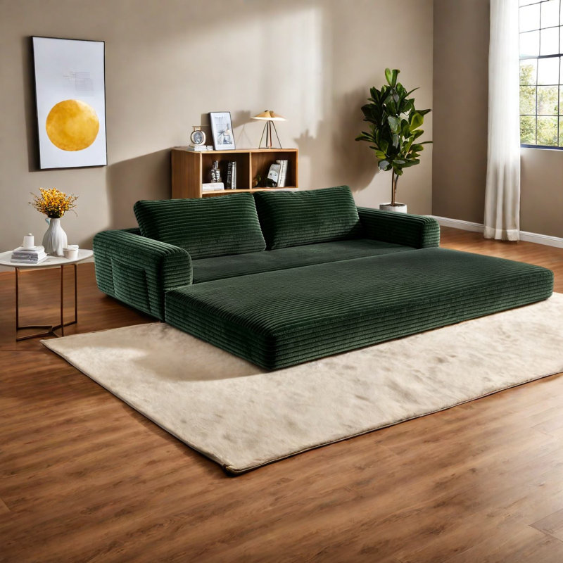 Canapé extensible compressible de 193 cm avec rangement, velours côtelé vert, style moderne