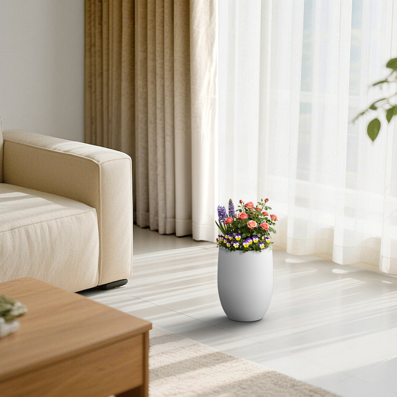 9" W x 12" H Pearl White Handcrafted Concrete Tall Round Planter Medium Outdoor Flower Plant Pot with Drainage Hole, White