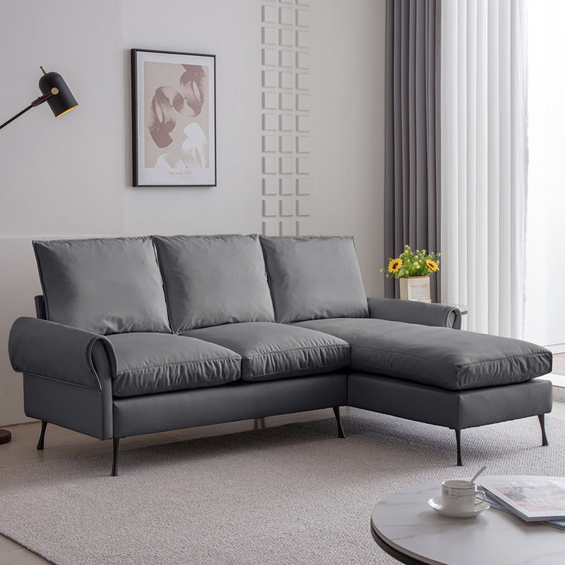 Canapé modulaire 81 po avec méridienne réversible, cuir technique gris foncé de couleur moderne