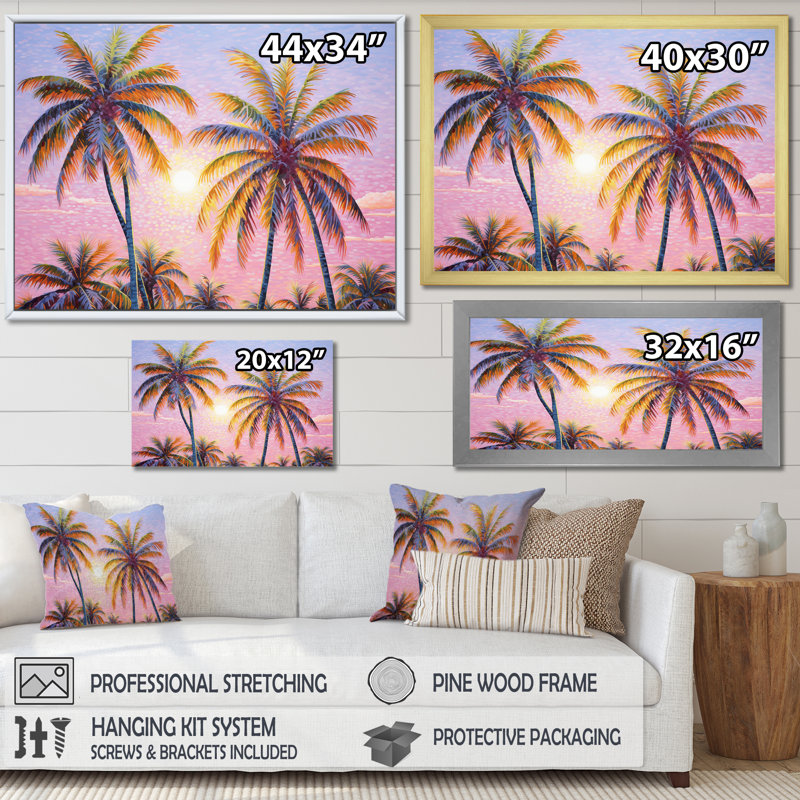 «Rose Radiance Sunset Palm Trees II», reproduction sur toile, Toile tendue, H 24 po x l 32 po x P 1 po