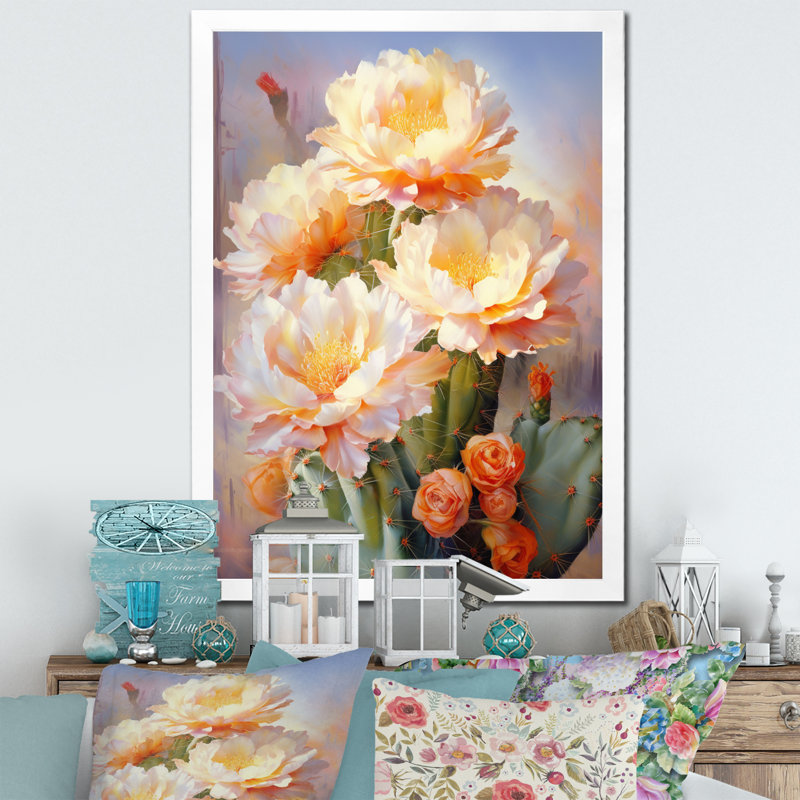 Yuna, rose, vert, cactus, impression romantique IV, H 20 po x l 12 po x P 1 po, Cadre photo blanc