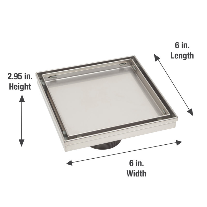Drain de douche carré 6 po avec grille à carreaux, Nickel brossé