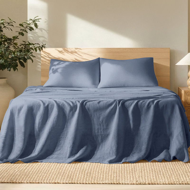 100% Linen Sheet Set, Twin Extra Long Sheet Set with 1 Pillowcase, Indigo