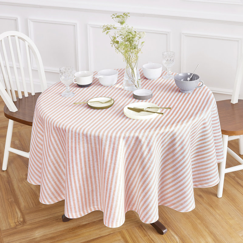 Amalfi Stripe - 100% Pure Linen Round Tablecloth, 70" Round, Coral/White