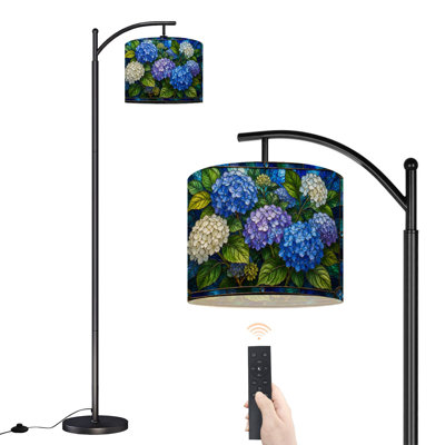  Lampe sur pied à arc avec fleurs en hortensia et art en verre coloré haut bleu moderne avec abat-jour réglable en lin à 3 couleurs