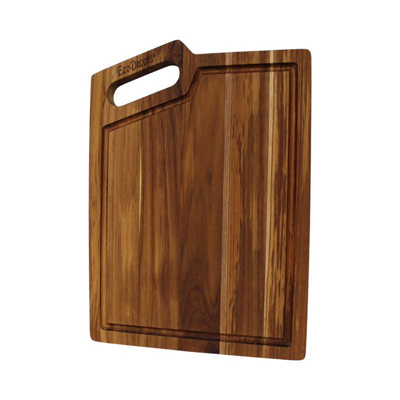 Planche à découper réversible en bois de teck EcoDecors certifiée FSC avec rainure à jus et poignée d'angle, 14 x 10