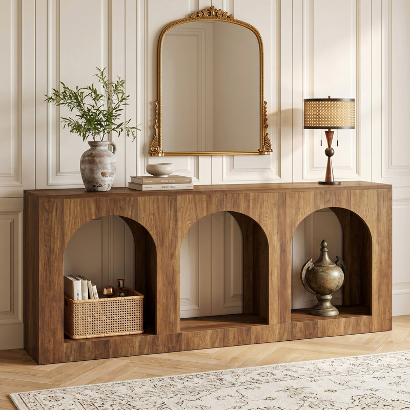 Console de 70,9 po, table d'entrée en bois avec 3 tablettes de rangement arquées pour le vestibule, le couloir et le salon
