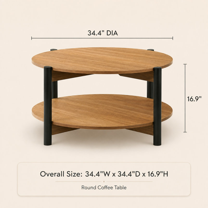 Table basse ronde de 34,4 po avec tablette de rangement ouverte Caston, Chêne
