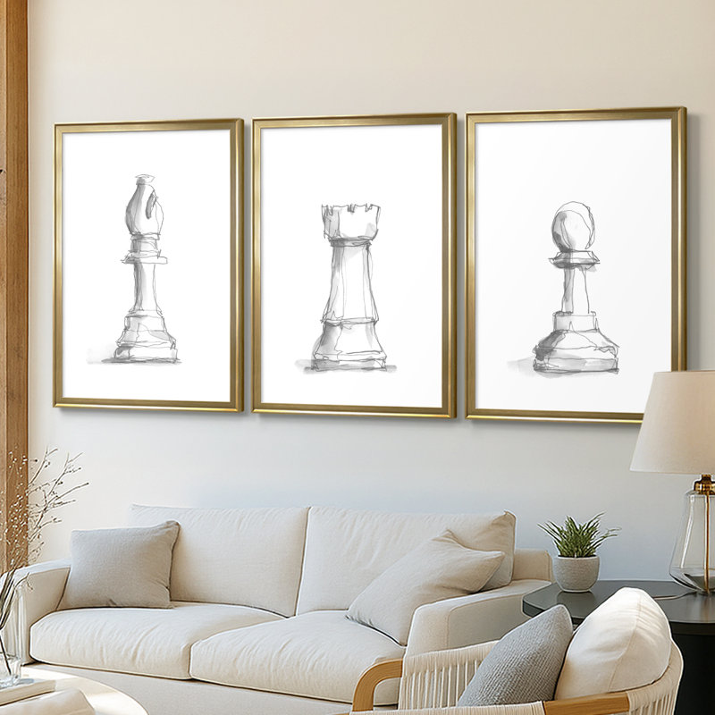 Chess Room Study IV - Toile tendue avec châssis sur mesure - 3 pièces, H 39 po x l 81 po, Doré