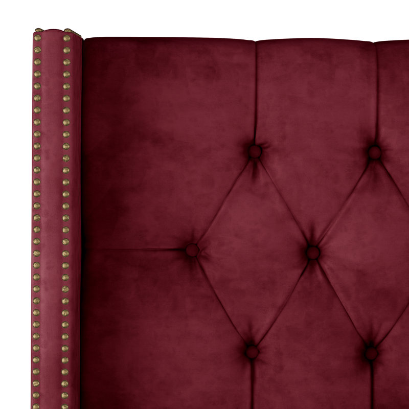 Lit capitonné standard à profil bas, Double, Velours cerise
