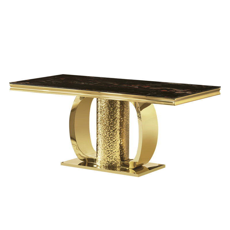 Table de salle à manger rectangulaire en or et en verre de 71,84 pouces, pieds robustes pour le soutien, usure des égratignures, table en métal de style contemporain avec verre trempé noir, base, esthétique à finition lisse, moderne