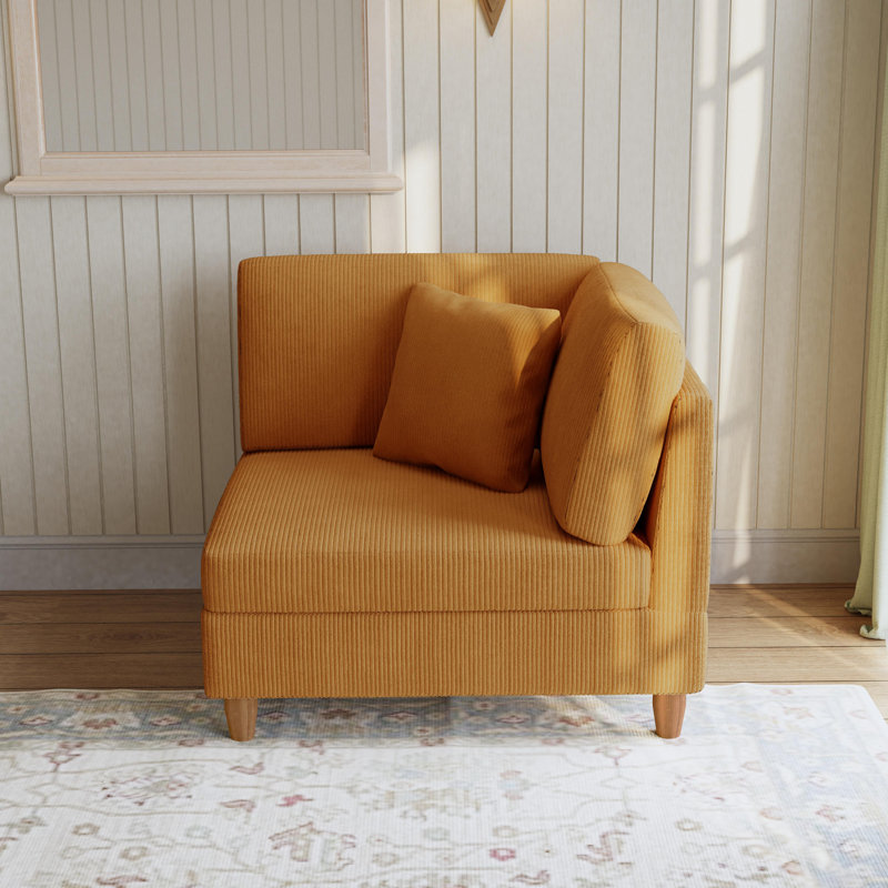 Seemab Upholstered Orange Corduroy Armchair with Pillow Back, One Arm Single Chair Module Part For Sectional Sofa, Orange