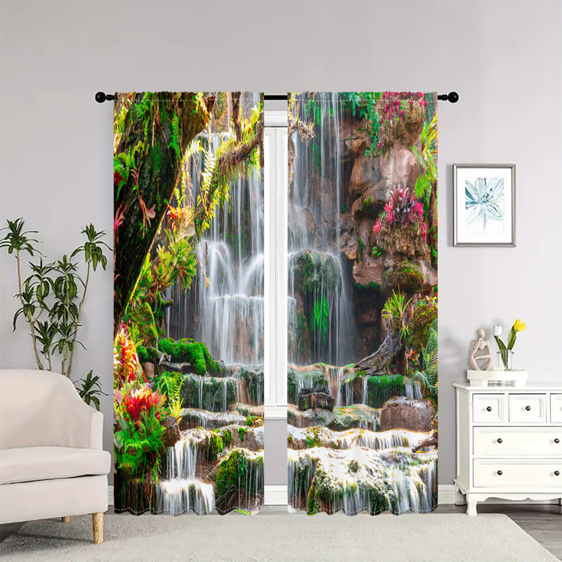 2Pcs Tropical Waterfall Landscape Curtains Nature Scenery Window Drapes Rod Pocket Sheer Curtain Panels Light Filtering Decorative Treatment for Living Room Bedroom Kitchen Dining Decor