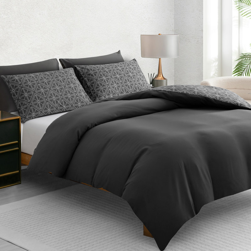 Microfiber Geometric Duvet Cover Set, King, Charcoal