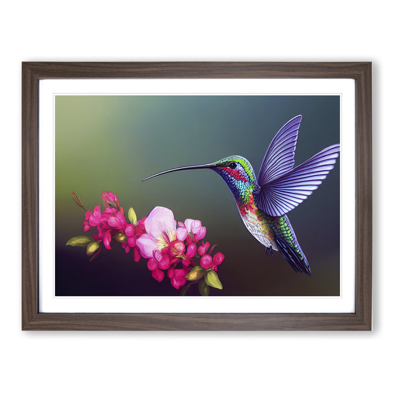 XH1022-9492X Unreal Floral Hummingbird - Single Picture Frame Print, 25cm H x 34cm W x 2cm D, Walnut