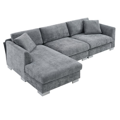 Sectional Sofas | 96" Modern Cloud L-Shaped 4-Seat Sofa with Oversized Chaise, 2 Free Pillows for Living Room Apartment Office | Chenille | Gray