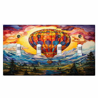 Metal Light Switch Plate Cover; US Standard Size 4 Gang Toggle - Printed Image of Stained Glass Hot Air Balloons