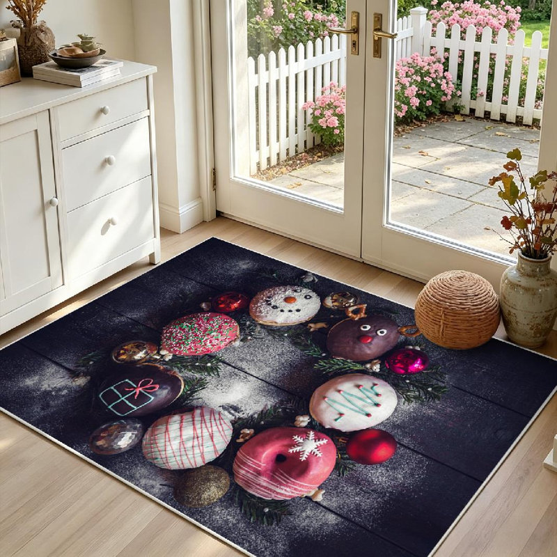 Tapis intérieur rouge lavable à la machine, motif beignes de Noël avec espace, pour décoration intérieure.